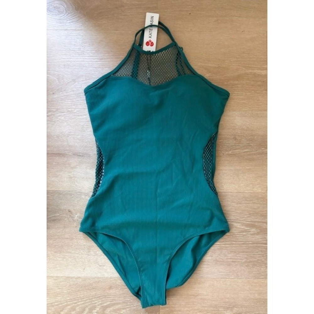 Kate Kasin Teal Green Ribbed High Neck Mesh One Piece Swimsuit Size M NEW